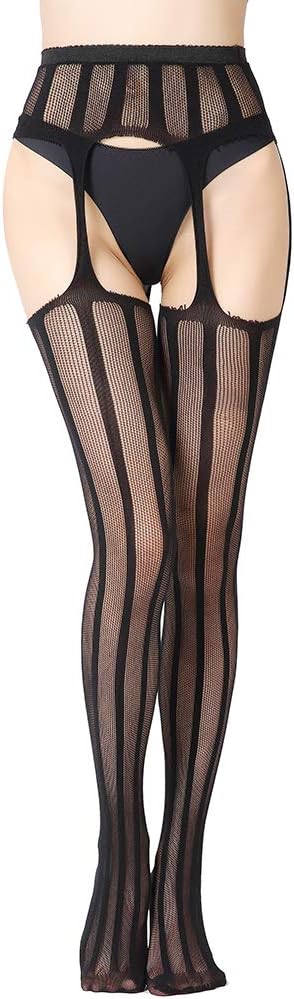 Front view of black striped garter fishnet tights