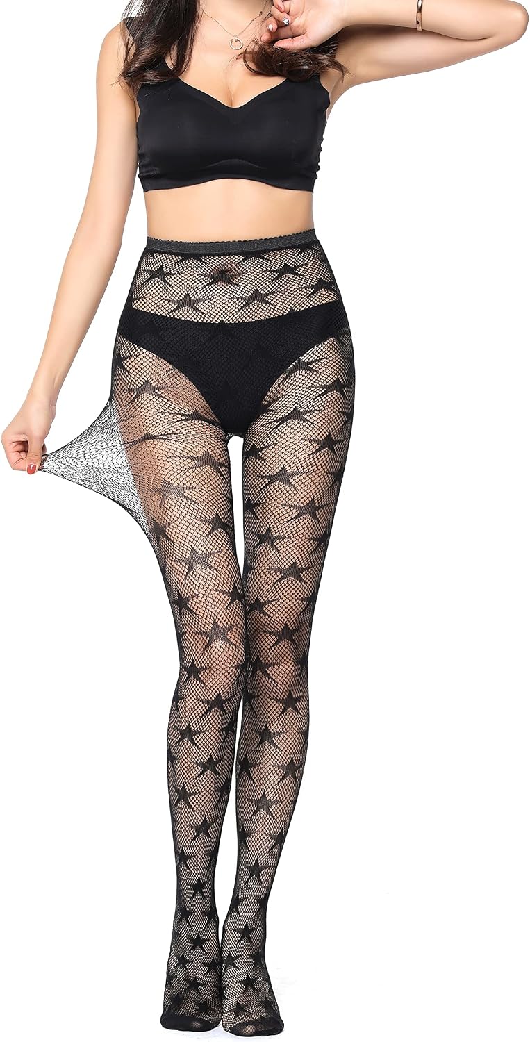 Front view of black star-pattern fishnet tights