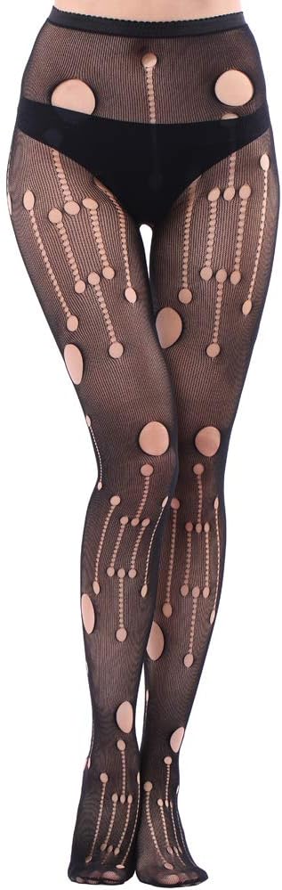Front view of black ripped-hole fishnet tights